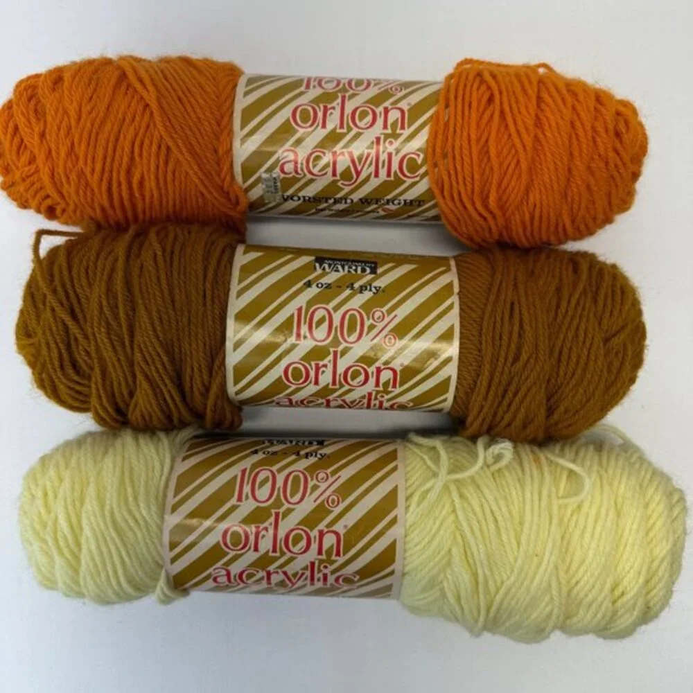 Montgomery Ward Orlon Acrylic Yarn 4-Ply Orange 54,‎ Gold 49, Med Yellow 44